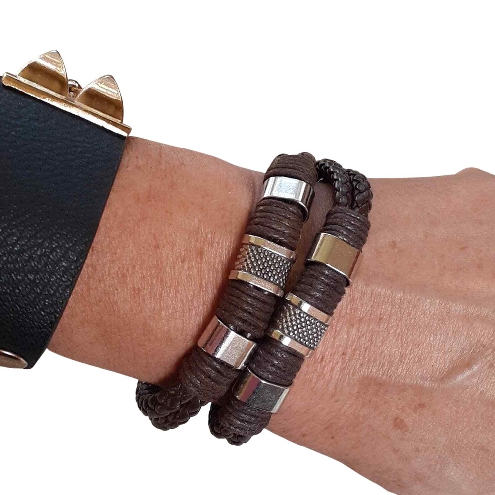 2 FRIENDSHIP BRACELETS Bohemian HAWAIIAN Metal Look Rocker Skater Faux Leather